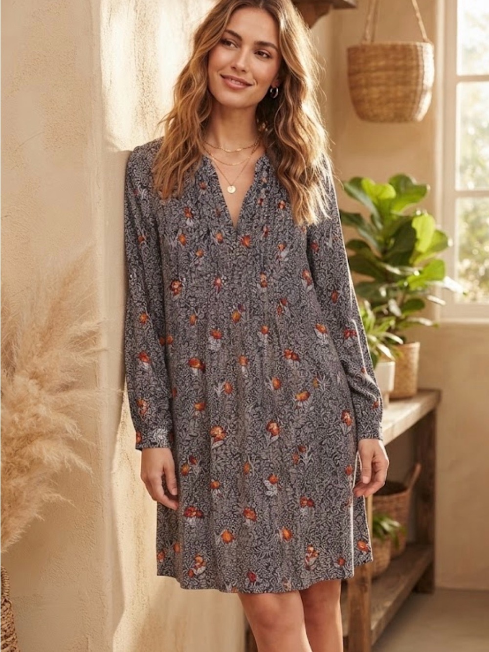 Old Navy Floral Print Long Sleeve Pleated Dress